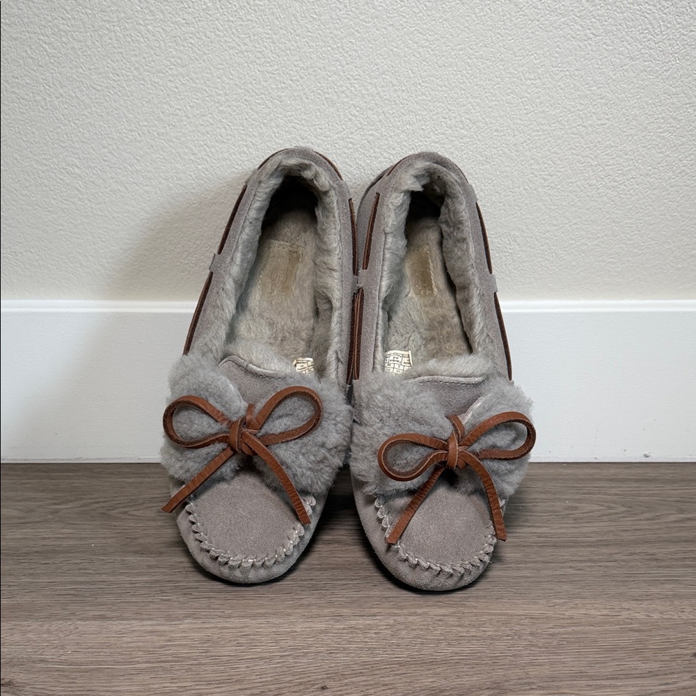 UGG Grey Suede Moccasin Slippers w/ Leather Bow & Sheepskin Fluff